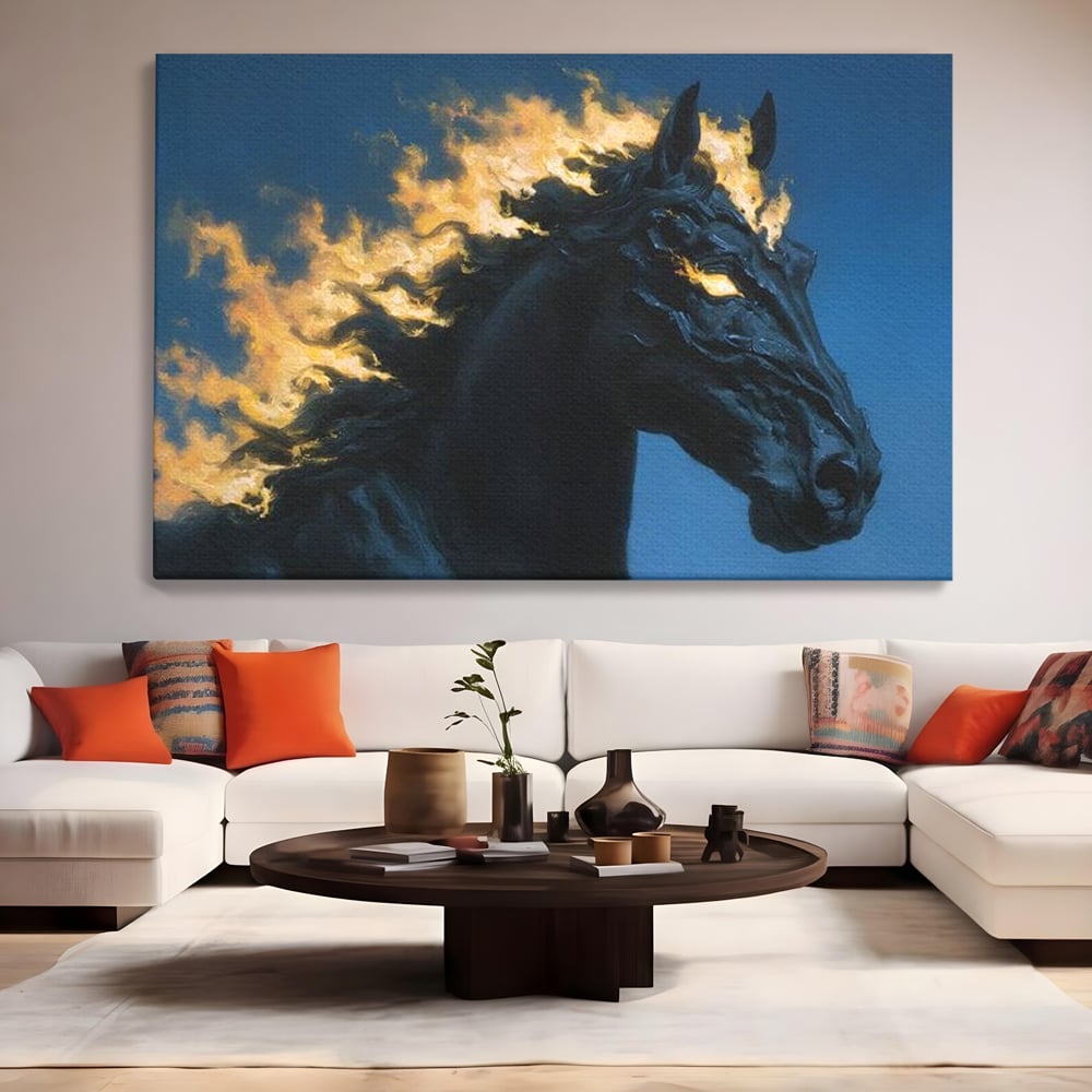 Tablou canvas cu tablou canvas cu armasar in flacari, fara rama, pe sasiu de lemn, pe perete intr-un living
